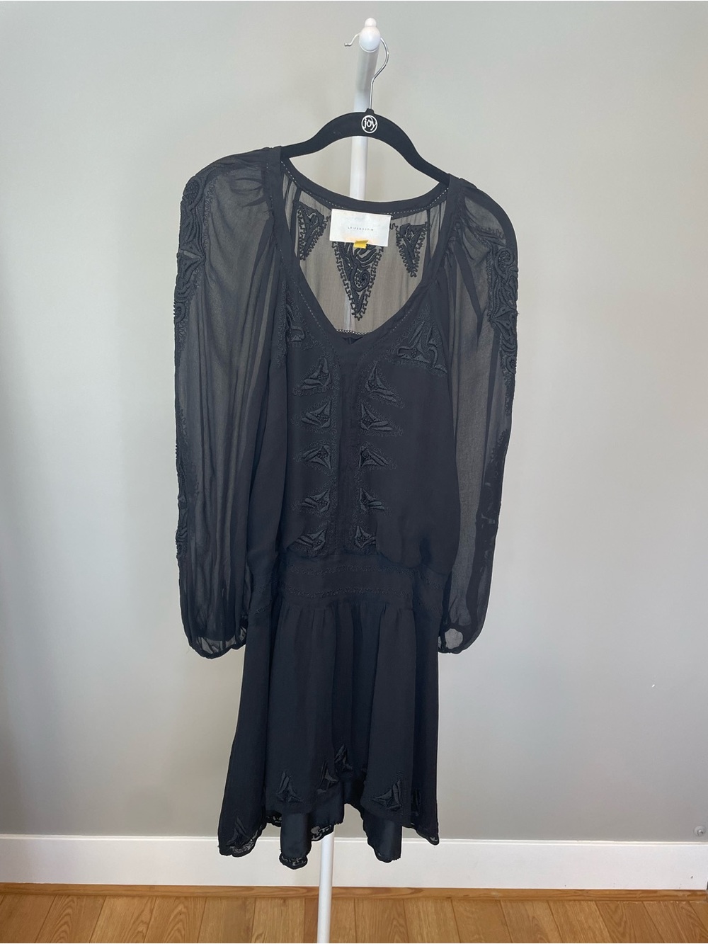 leifsdottir Black Silk Embroidered V-Neck Dress w Sheer Sleeves